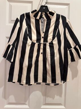 Black & Cream Vertical Stripe Henley Blouse - Unknown Brand